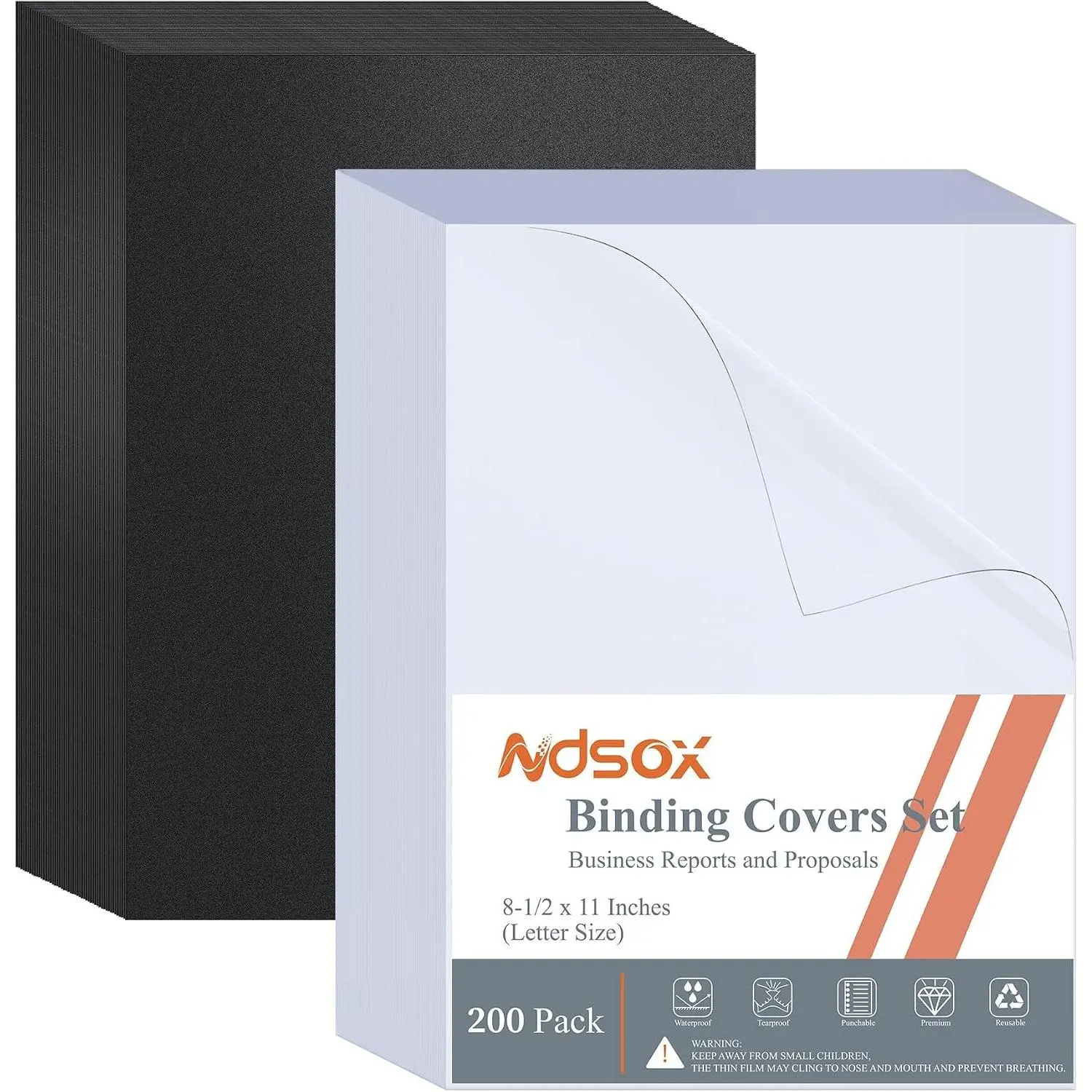 200 Pack Binding Covers and Backs Set 8.5 x 11 Inches Letter Size, 100 8-Mil Clear Binding Covers, 100 12-Mil Black Sand-Textured Binding Presentation Polycovers, Un-Punched, Square Corners
