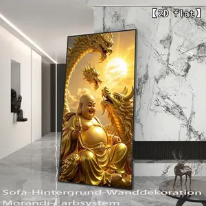 2D flat golden Maitreya and dragon coexist harmoniously dragon and phoenix picture canvas art - wall decoration, suitable for living room and bedroom, aesthetic room decoration, large canvas mural