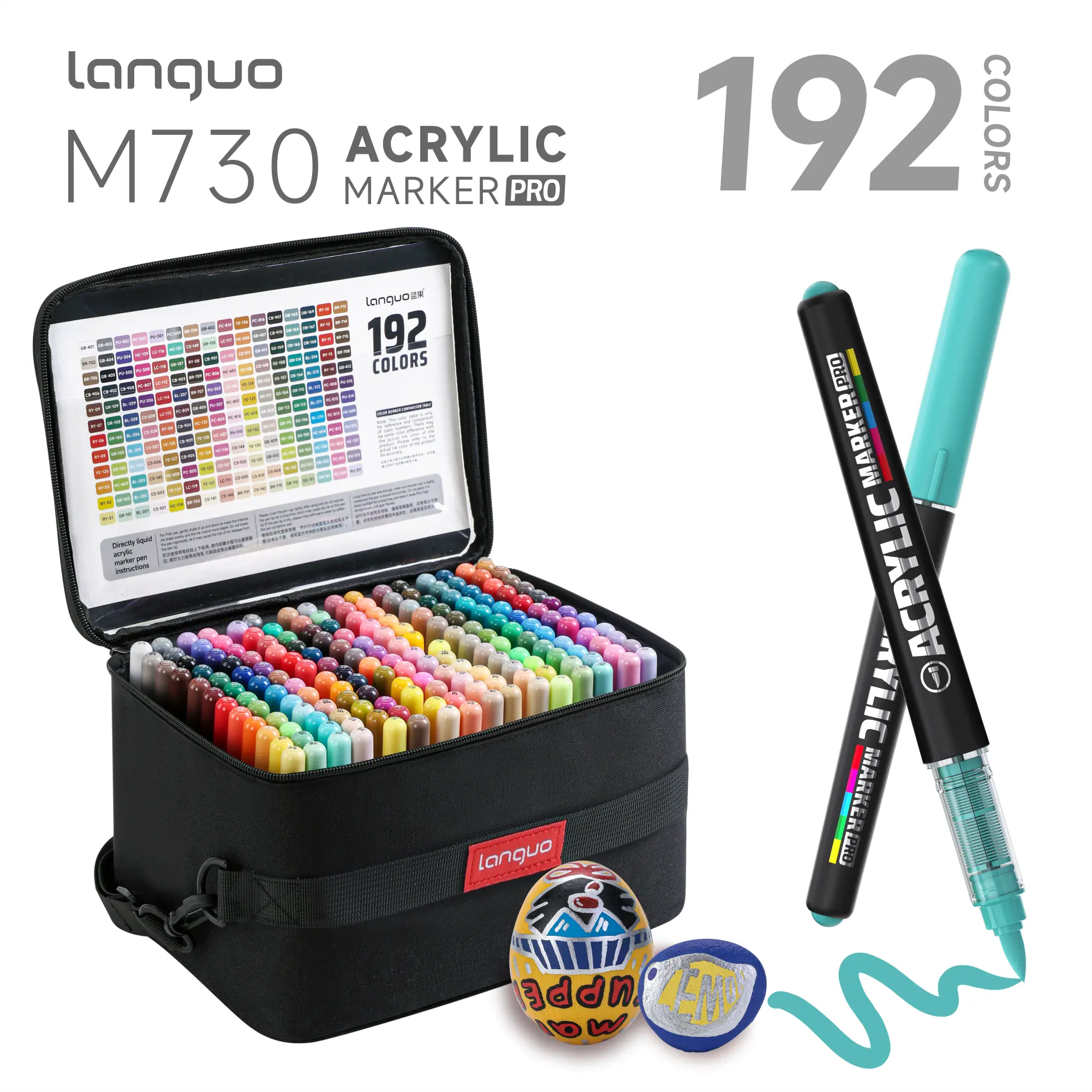 Languo 192-Color Acrylic Paint Marker Set with Portable Black Carry Case, Acrylic Markers for Rock, Wood, DIY Crafts & Artist Drawing (Office Stationery Writing Tool)