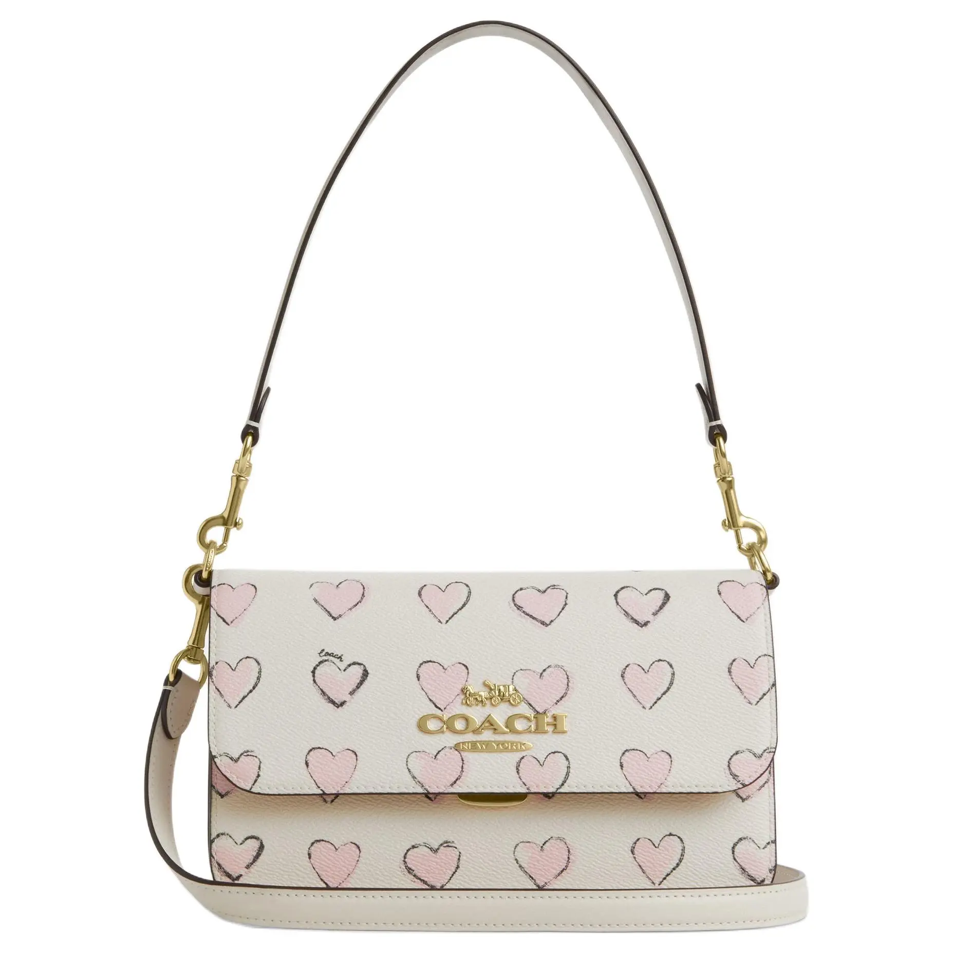 COACH Brynn 23 Heart-Print Leather Crossbody Bag for Women, Metallic Logo, Chalk White