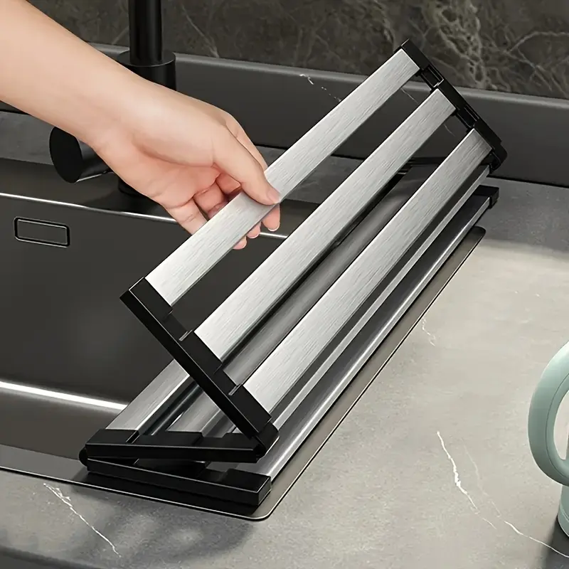 Stainless Steel Over-Sink Dish Rack - Kitchen Indoor Use Organizer with Silicone Drain Mat, Wipe-Clean Roll-Up Dish Holder, Portable Utensil Storage