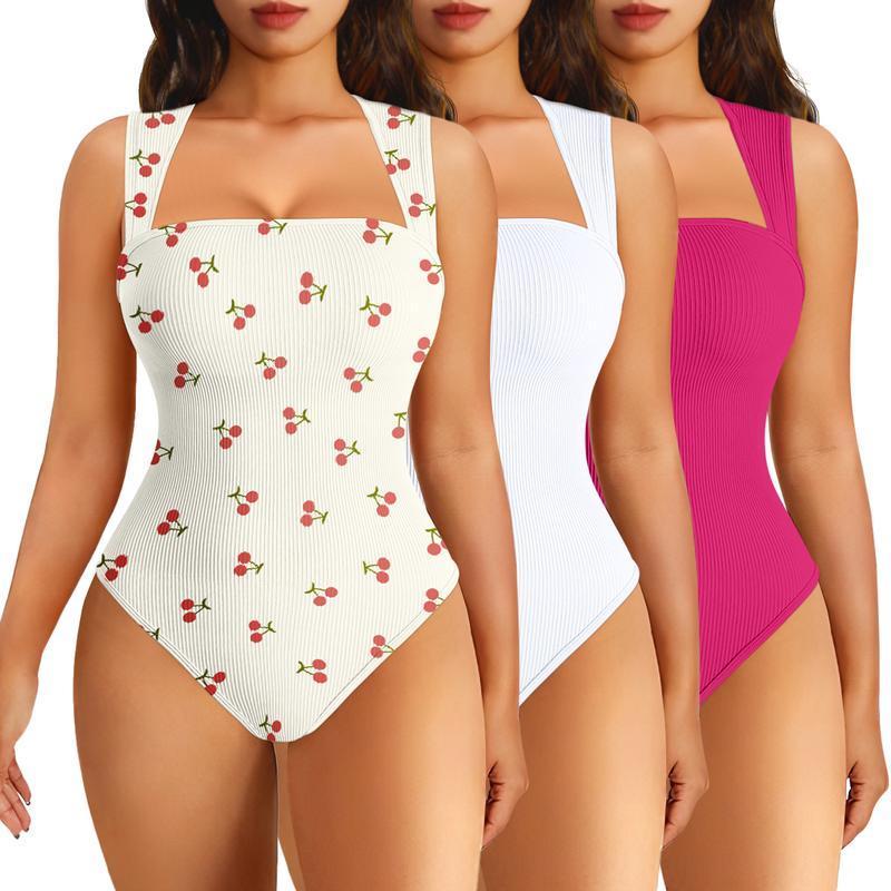 Vista X fitness Women's 3-Piece Printed Bodysuit Set Ribbed Square Neck Sleeveless Stretchy Top Nylon Spandex Casual Chic Elegant Comfortable