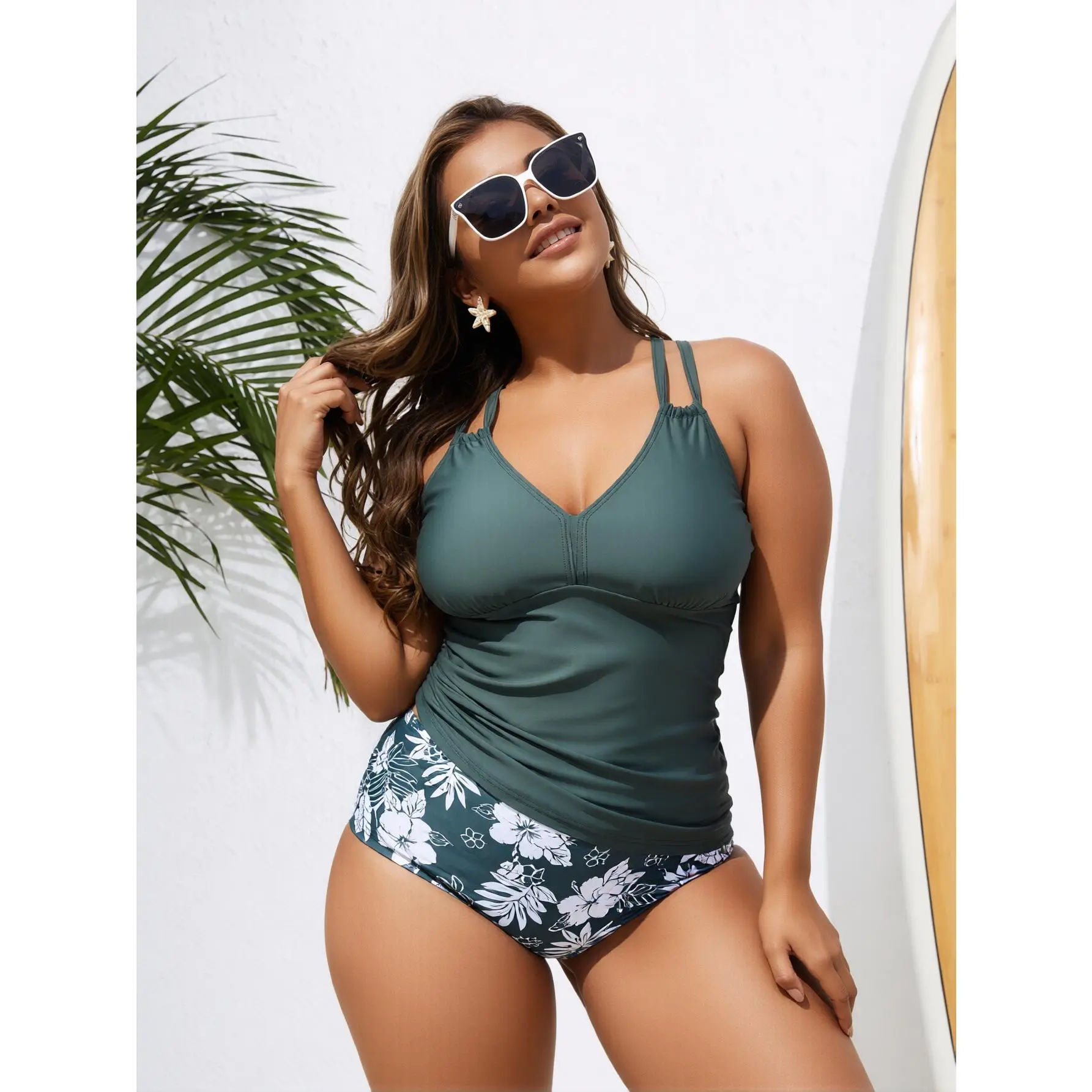 Women's 2026 New Modest Cut Plain Solid Elegant Nylon-Knit Elastane High-Leg Long Sleeve Tankini Swimwear - Polyamide Blend, Machine Washable, Sun Protection, UV-Protective for Beach Travel Outdoors Bathing Suit