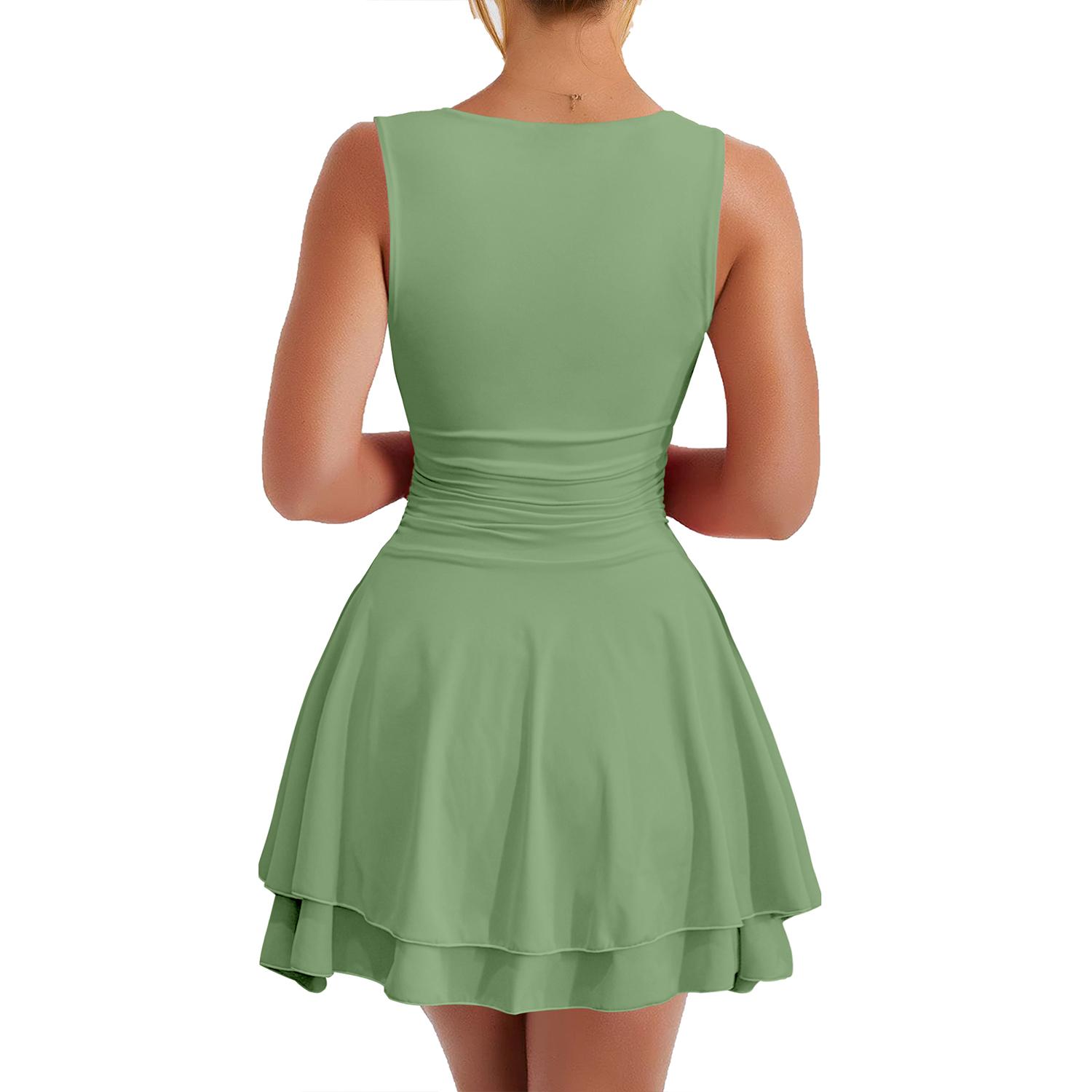 2026 Women'S Casual Mini Dress In Performance Fabric With Tummy Smoothing Ruching A Line Shape Boat Neck Sleeveless Design And Playful Ruffle Hem Great For Spring Break Graduation Homecoming