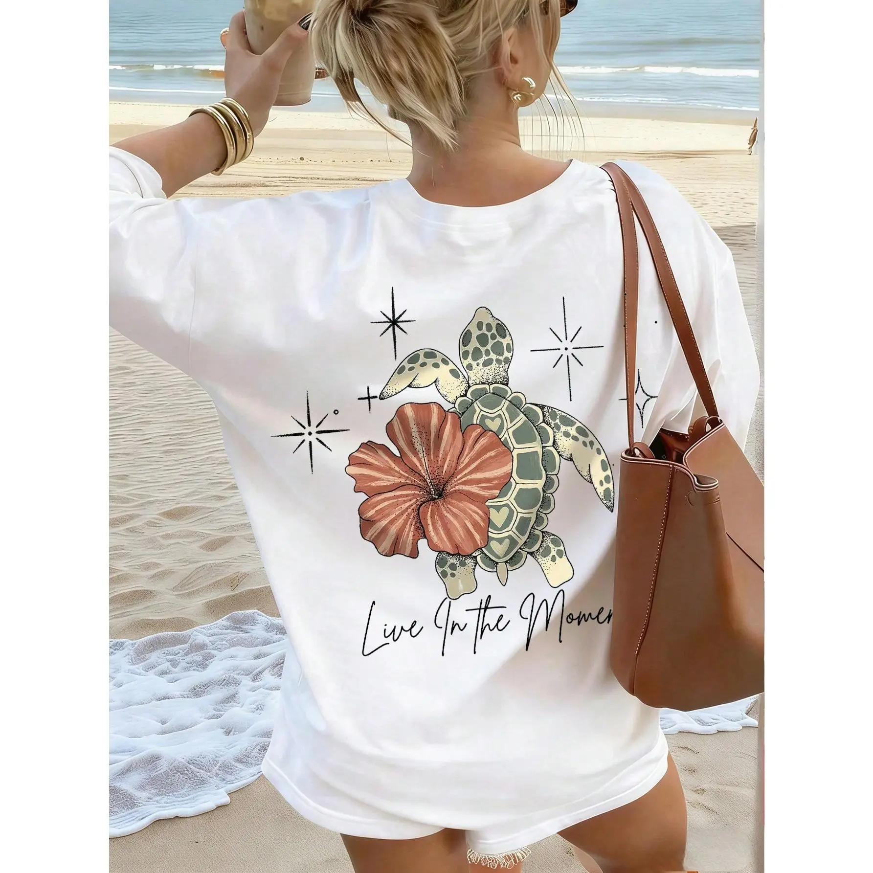 100% Cotton Women's Summer Turtle, Floral & Letter Print Casual Loose Round Neck Beach Vacation T-Shirt White vintage t