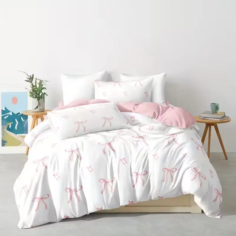 3pcs set 1 duvet cover + 2 pillowcases without core ultra soft breathable skin friendly durable wrinkle resistant fade proof easy care bedding set bed linen home textile pink bow print bedroom decor dorm essential family gift
