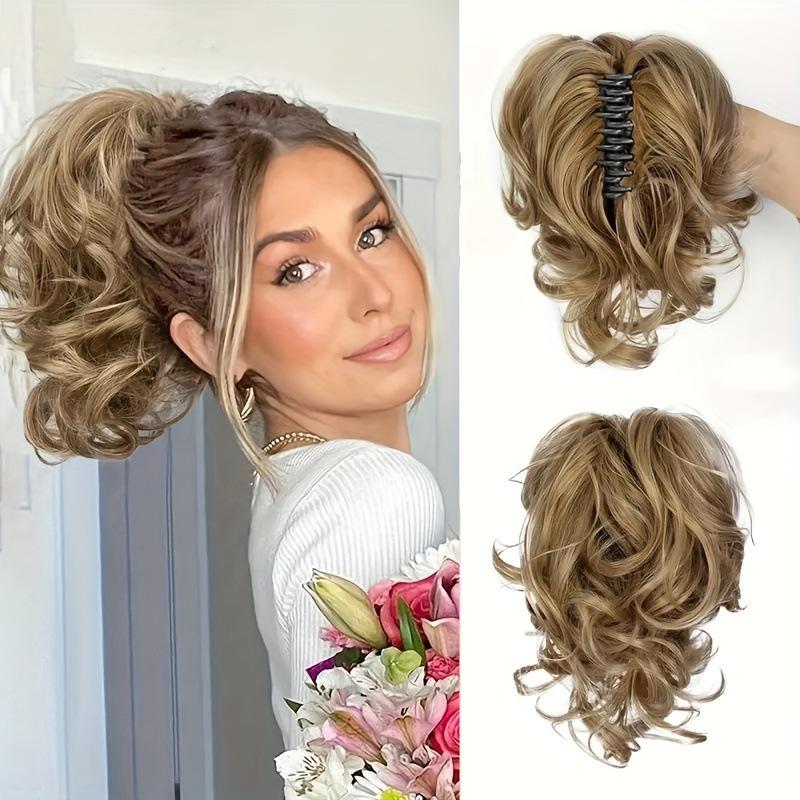 Short Clip On Messy Ponytail Hair Extension Waterfall Wave Voluminous Adjustable Big Curly for Women Blonde