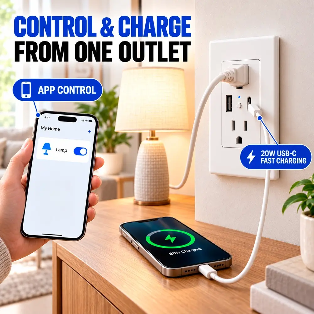 Smart Wall Outlet with USB-C & USB-A, Built in WiFi Receptacle, Remote Control, Timer, Alexa Google Home Compatible, Power Socket