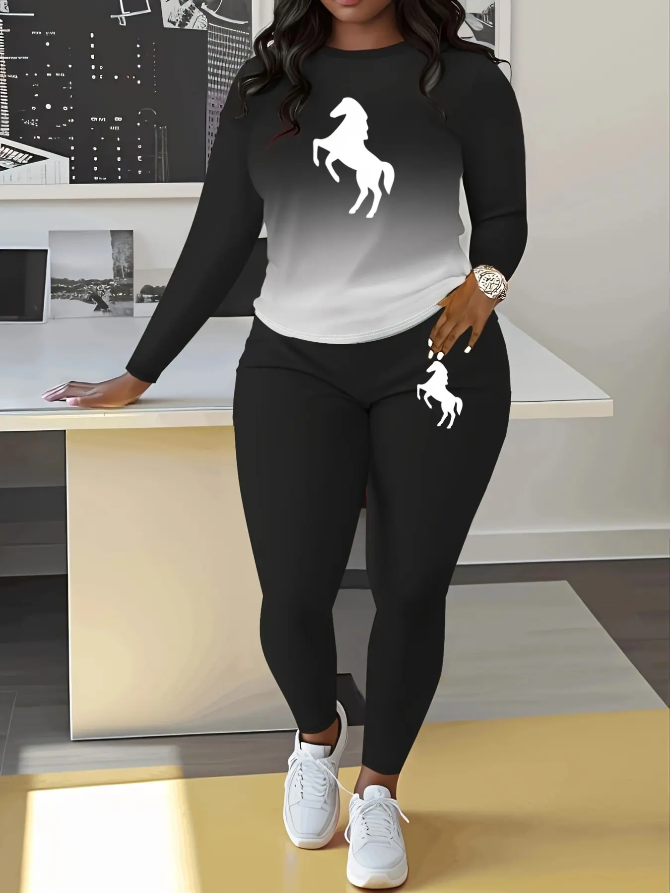 Spring Summer Long Sleeve Top Pants Set, Horse Pattern Gradient Color Printed Casual Women's Two Piece, Comfortable Daily Wear