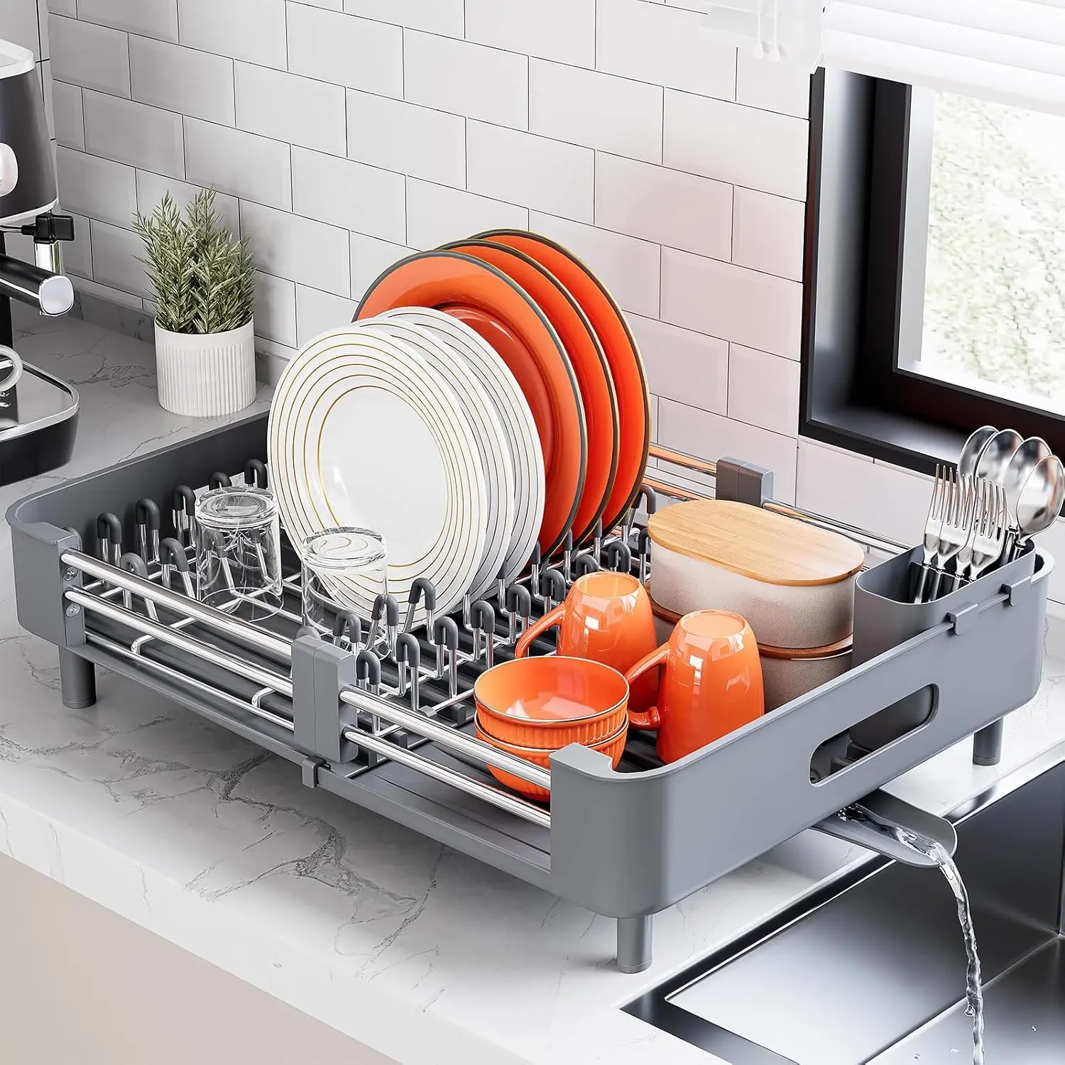 Extendable Stainless Dish Drying Rack for Kitchen Counter, Gray | 13.78"W x 18.7"L, Foldable Drainboard for Space Saving, Knife and Utensil Holder, Fast-draining Spout