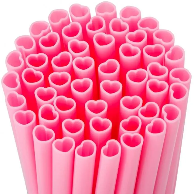 100 PCS Valentine's Heart Straws, Pink Love-Shaped PP Straws, Romantic Party Supplies & Drink Decorations