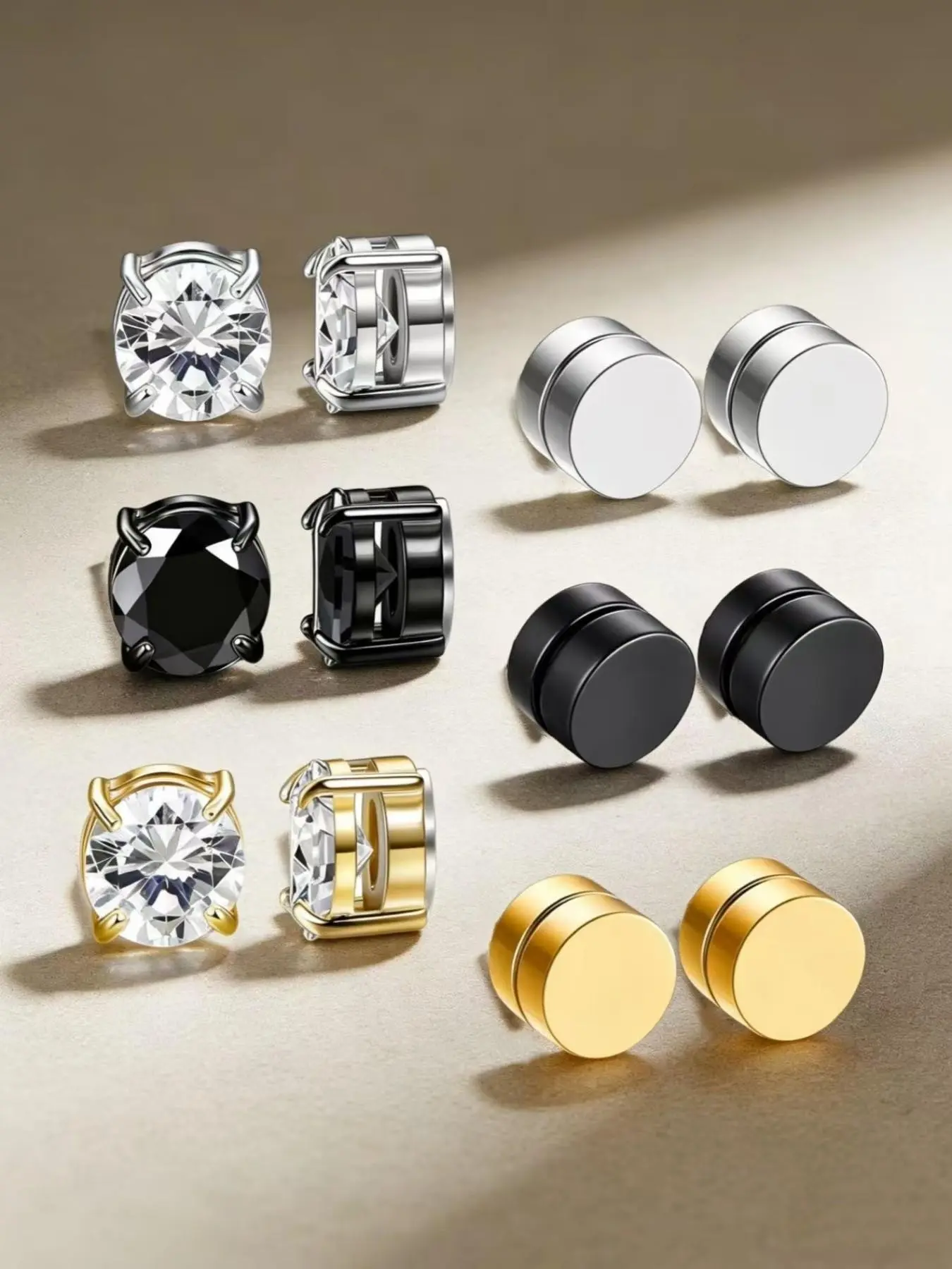 6 pairs of fashionable zirconium element stud earrings 6MM without ear holes, with ear clips and no need for piercing. Casual style, zirconium gemstone magnet earrings for men and women. Elegant jewelry accessory, suitable for trendy looks,