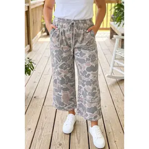Khaki Camouflage Print Patch Pockets Ankle-Length Plus Size Pants