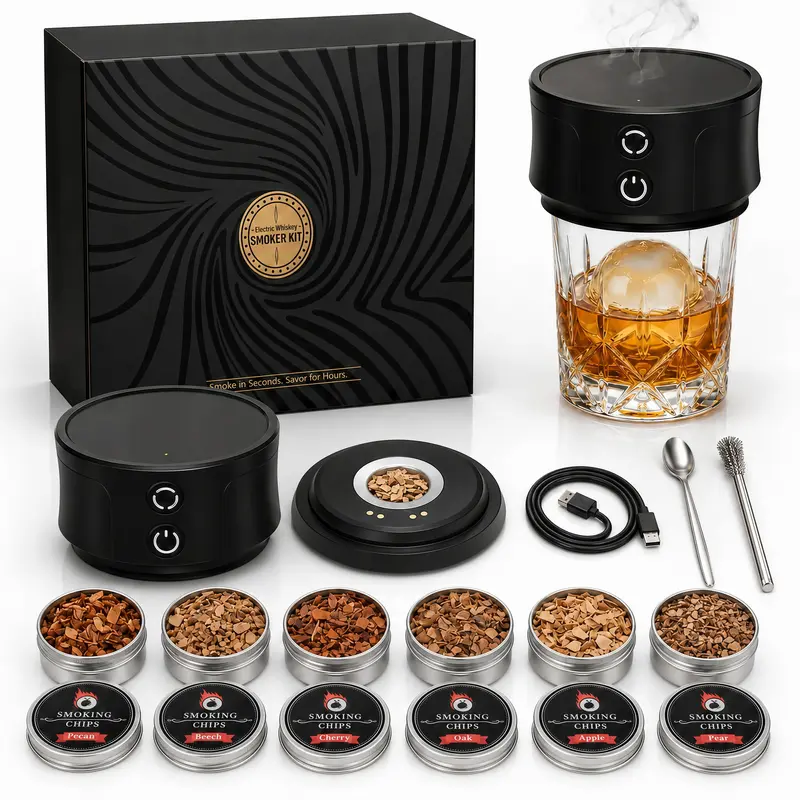 Reusable Rechargeable Electric Whiskey Smoker Kit - No Butane Needed, 6 Wood Chip Flavors, RGB Light Show, Recharge-Go, Home Bar Accessory, Man Cave Gadgets, Unique Adult Gift for Men (Birthdays), Gifts Adults