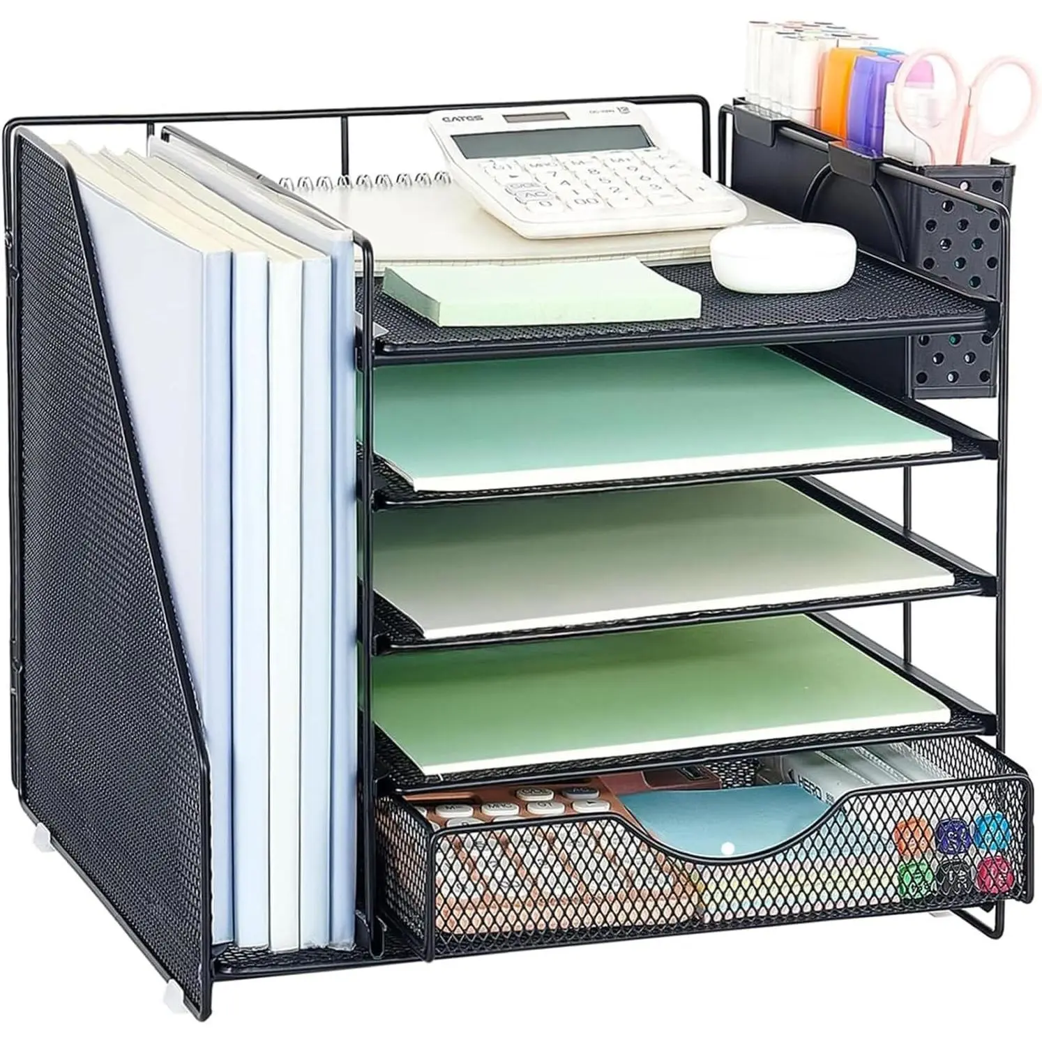 5-Tier Desk Organizer with Drawer, Pen Holder, and File Tray - Black Paper Letter Tray for Office Desk Supplies and Workspace Storage