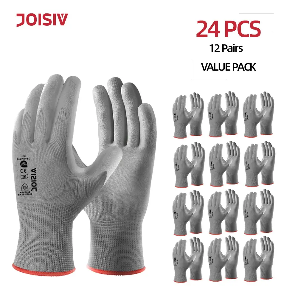 Joisiv 24 PCS(12 Pairs) PU Coated Work Gloves, Lightweight Anti-Slip Durable, Excellent Grip, Breathable Comfort, Ideal for Warehouse, Construction, Gardening