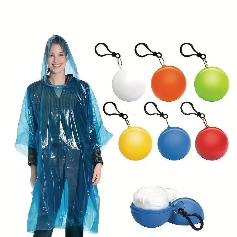 6-Pack Disposable Waterproof PE Plastic Emergency Rain Ponchos with Hood, Keychain Ball-Packaged Lightweight Rain Gear for Adult Travel, Camping, One Size