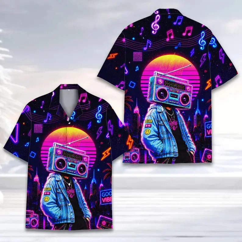 Retro Synthwave Hawaiian Shirt for Men Women Youth, Neon Boombox Radio Music Pattern Summer Beach Button Down Shirt, Funny Music Lover Gift