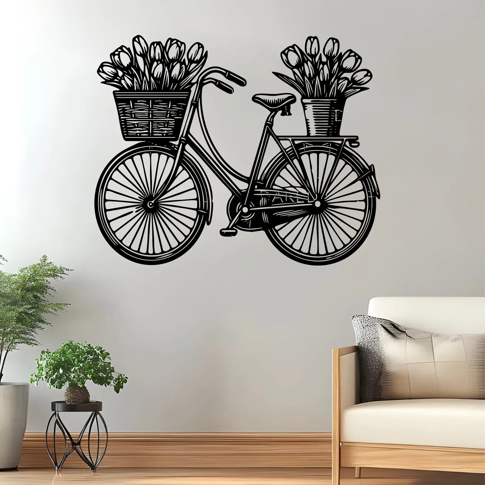 1pc Vintage Bicycle with Tulip Basket Metal Wall Art - Iron Flowering Statue Suitable for Garden Fence & Backyard, Weather-Resistant Outdoor/ Mural, Mounting, Perfect Gift for Mother's Day, Spring Decor (Charming & Tulip)