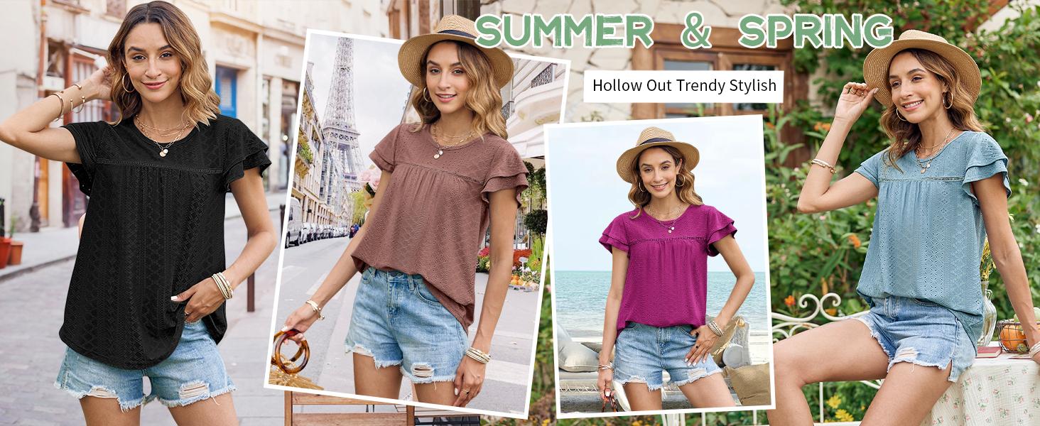 Women's Summer Tops Crewneck Eyelet Ruffle Short Sleeve Blouses Casual Babydoll Shirts 2025 S-2XL Lightweight Soft Knitted Fabric Trendy Babydoll Style