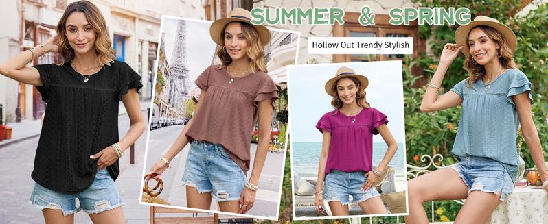 Women's Summer Tops Crewneck Eyelet Ruffle Short Sleeve Blouses Casual Babydoll Shirts 2025 S-2XL Lightweight Soft Knitted Fabric Trendy Babydoll Style