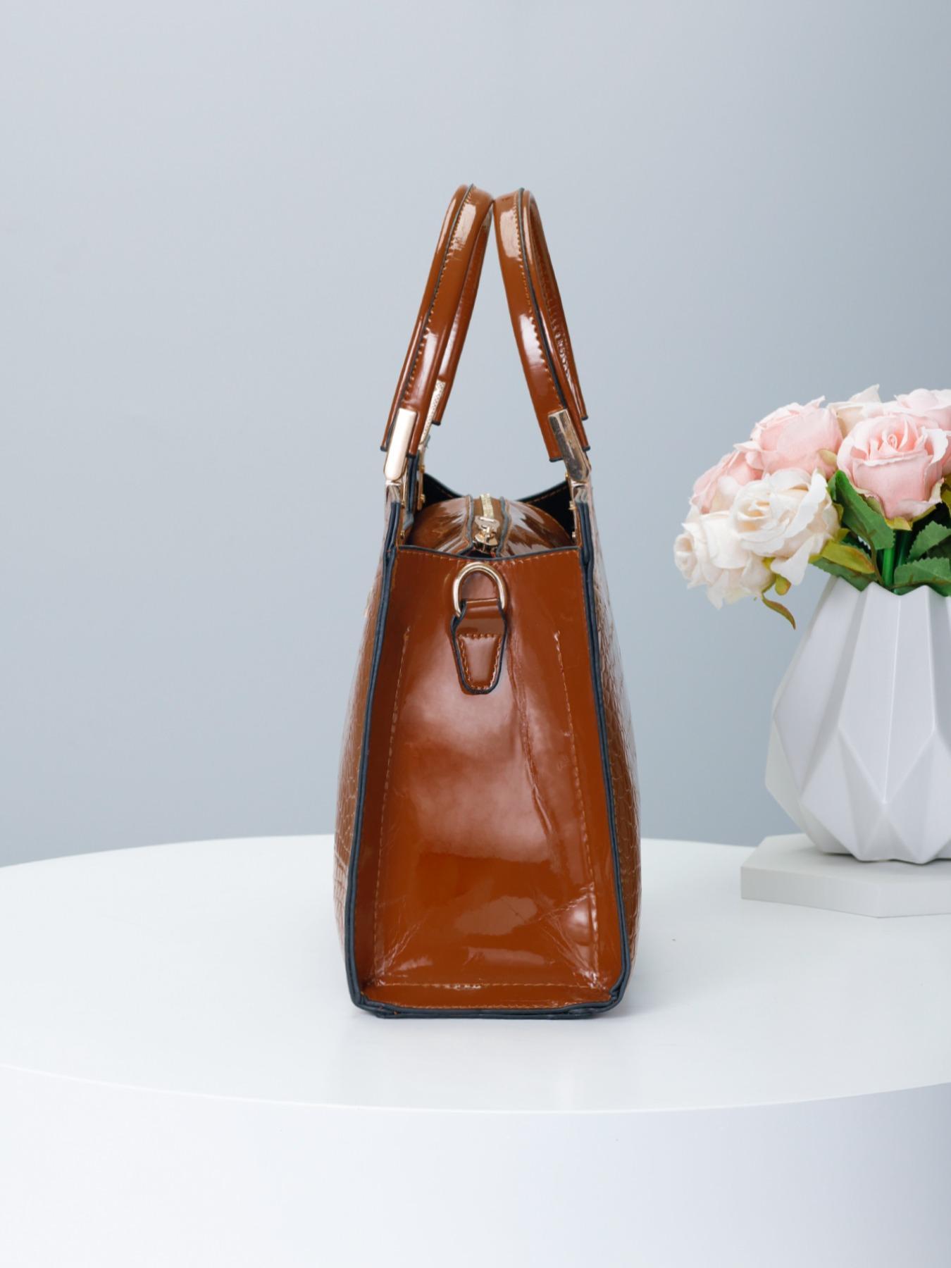 Women's PU Crocodile Embossed Square Handbag As Gift, Fashion Letter Label Classic Tote Bag for Work & Office, Elegant Matching Crossbody Bag As Gift for Wife