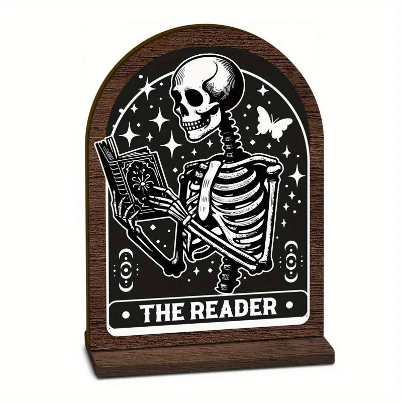 Vintage Wooden Reading Quote Plaque, Decorative Plaque - Featuring a Skeleton And Starry Night Fantasy Design, a Bookend Decoration Suitable for Libraries Or Desktop Bookshelf Ornaments, Aesthetic Room Decoration, Home Decor