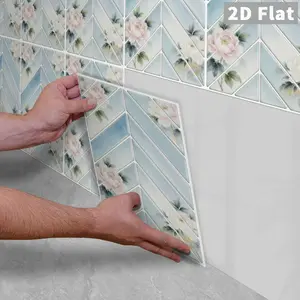 10PCS GST Ink Wash Peony Floral Herringbone Gloss PE Foam Mosaic Stickers, Shockproof Wear Resistant Self Adhesive Wall Tiles for Home Commercial Renovation