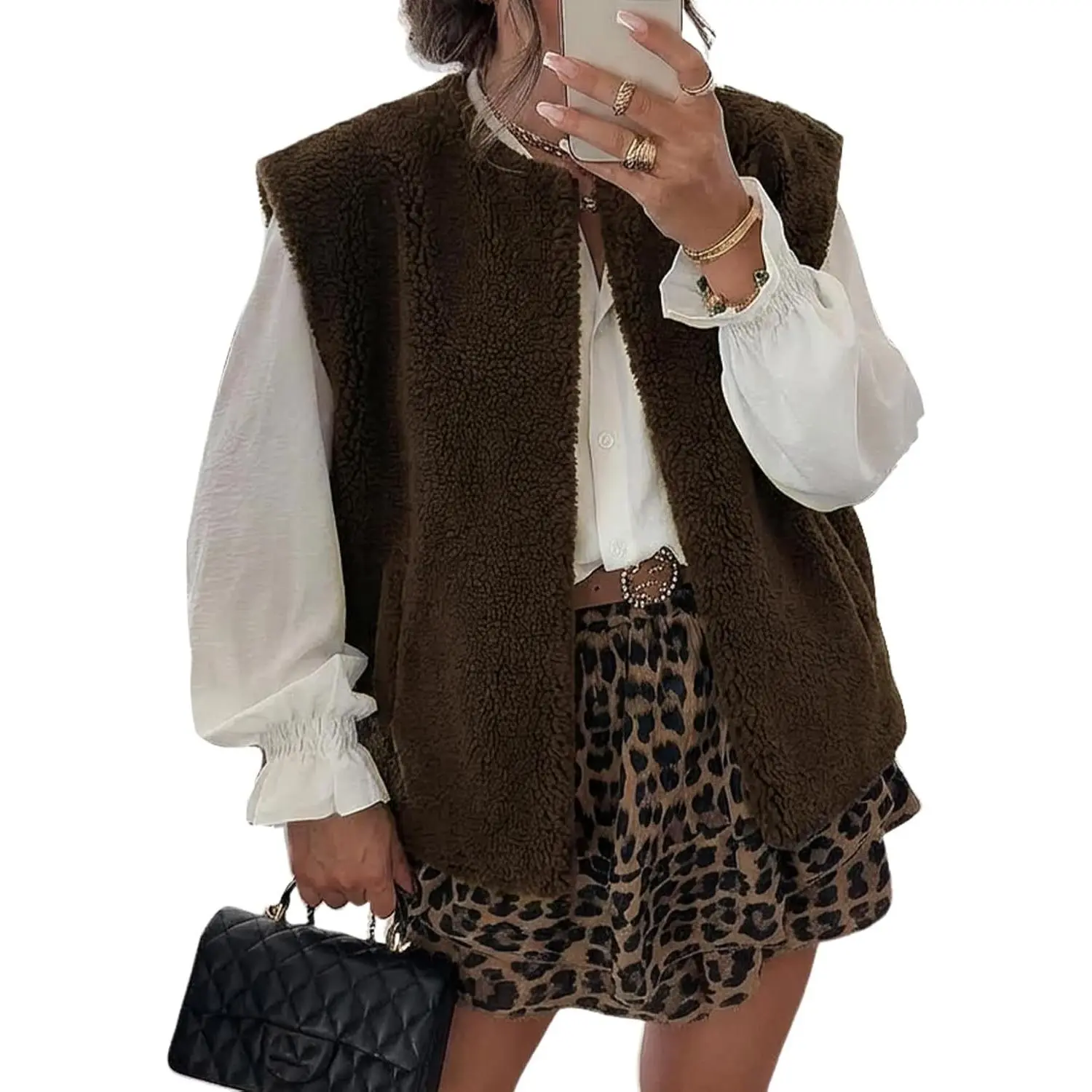 Fleece Vest Women Fuzzy Sherpa Sleeveless Vest Open Front Casual Faux Fur Vests with Pocket