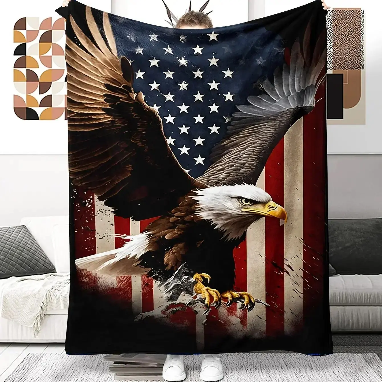 Patriotic Eagle American Flag Digital Embroidered Flannel Throw Blanket Fiber Piece, All-Season, Multi-Functional, American-Themed, Patriotic Motif, Flag Pattern, Gender Neutral, Embossed Blankets for Sofas, Camping, Gifting, American-Themed