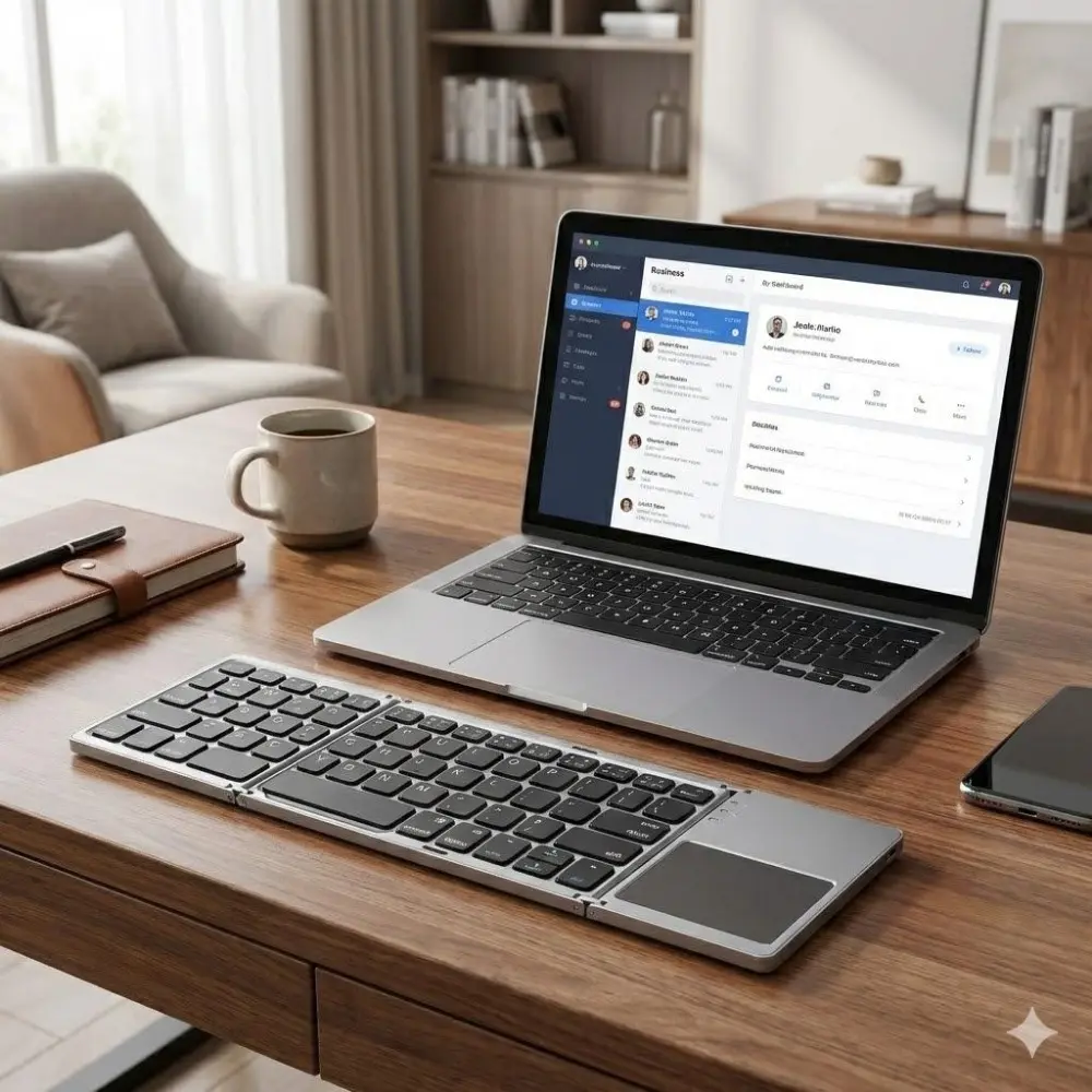 Ultra-Thin Foldable Wireless Keyboard with Touchpad, Quiet Keys & Rechargeable Battery. Compatible with Smartphone, Tablet, iPad, Mac, Windows. Bluetooth Portable Keyboard for Office & gaming, Anti-Slip Silicone Case.