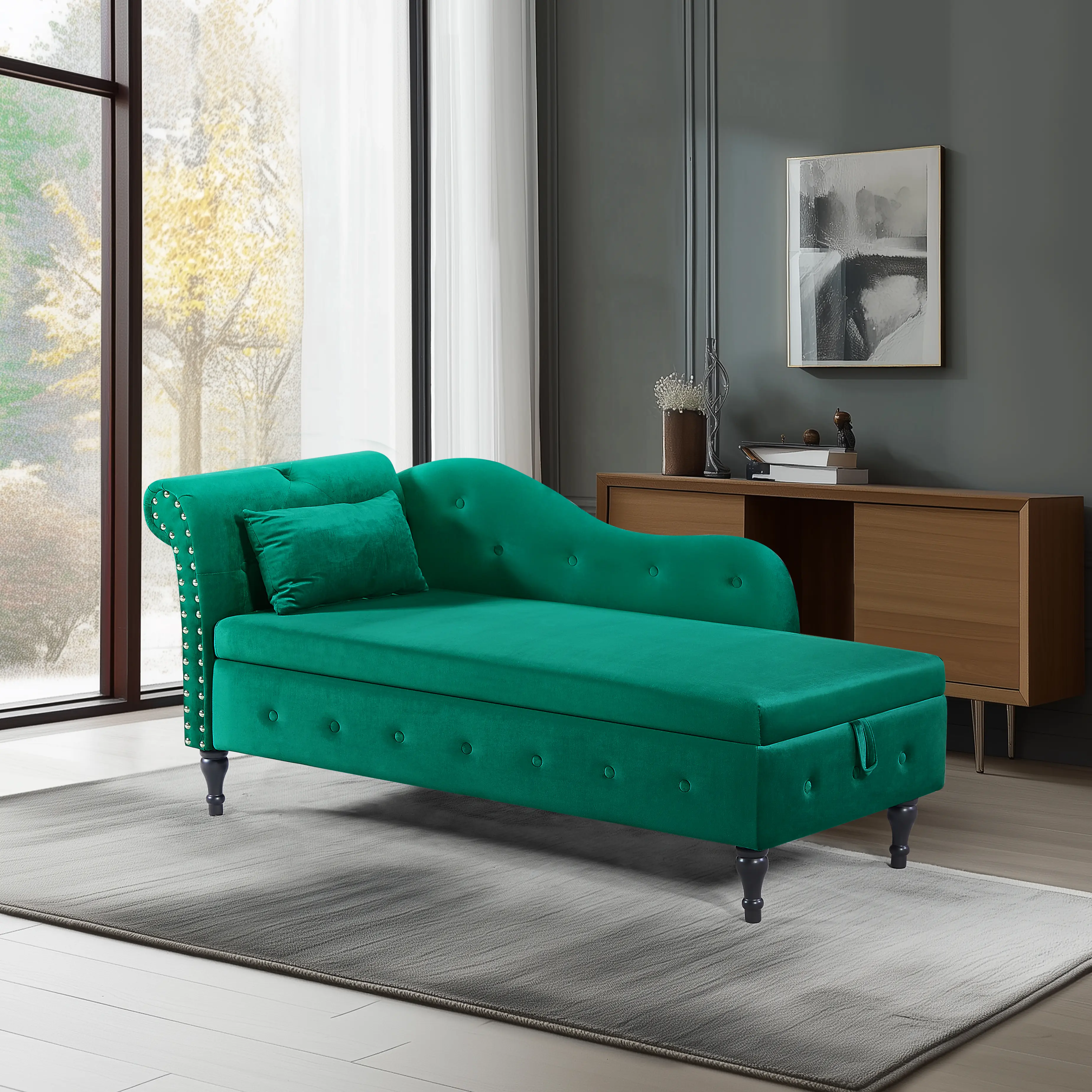 60-in Long Classic Arch Velvet Storage Chaise Lounge - Tufted Buttons, Nailhead Trim, Solid Wood Legs, Included Pillow, Sturdy Cushion, Multifunctional Sofa Bed, Living Room Bedroom Apartment Furniture, Living Room Furniture