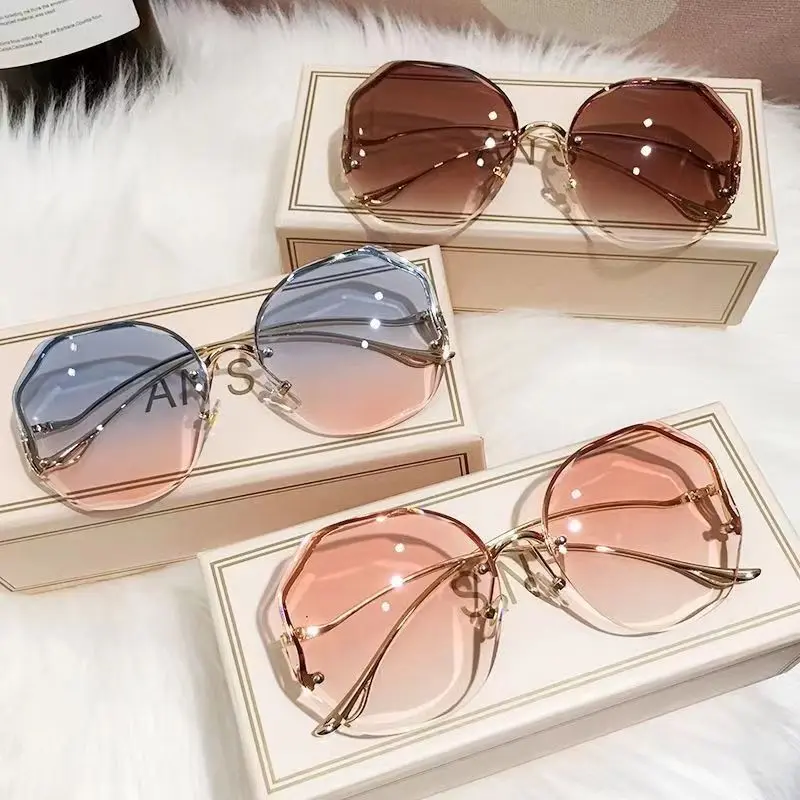 Viral TikTok Shop Trending 3pcs Rimless Sunglasses Set For Women Frameless Gradient Lens Oversized Square Butterfly Shades Luxury Aesthetic Trendy Y2K Cute Pink Blue Eyewear Metal Frame Multi Pack Bundle Gift