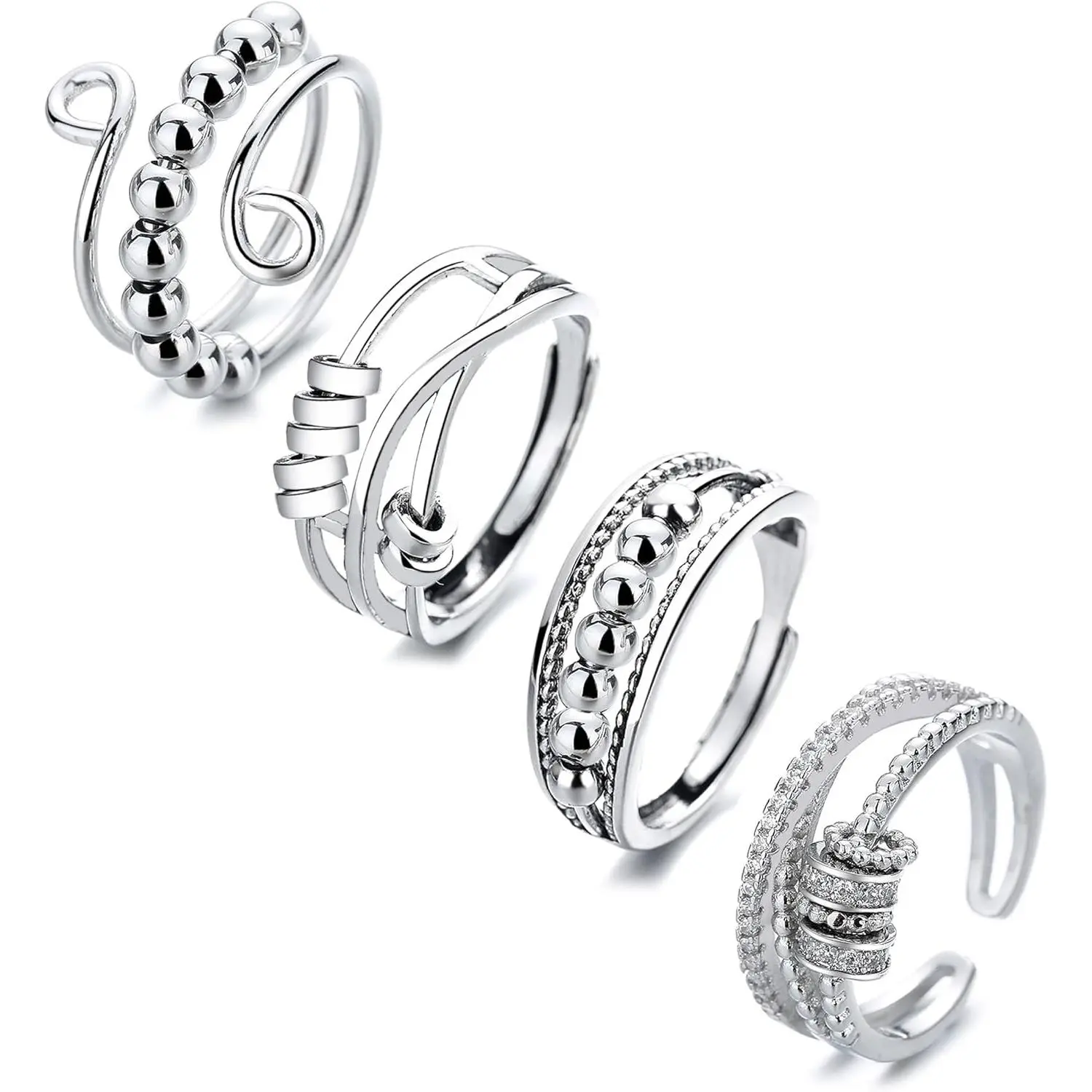 4PCS Fidget Spinner Rings for Women Open Spinning Kunckle Stackable Rings Adjustable Stainless Steel Rings