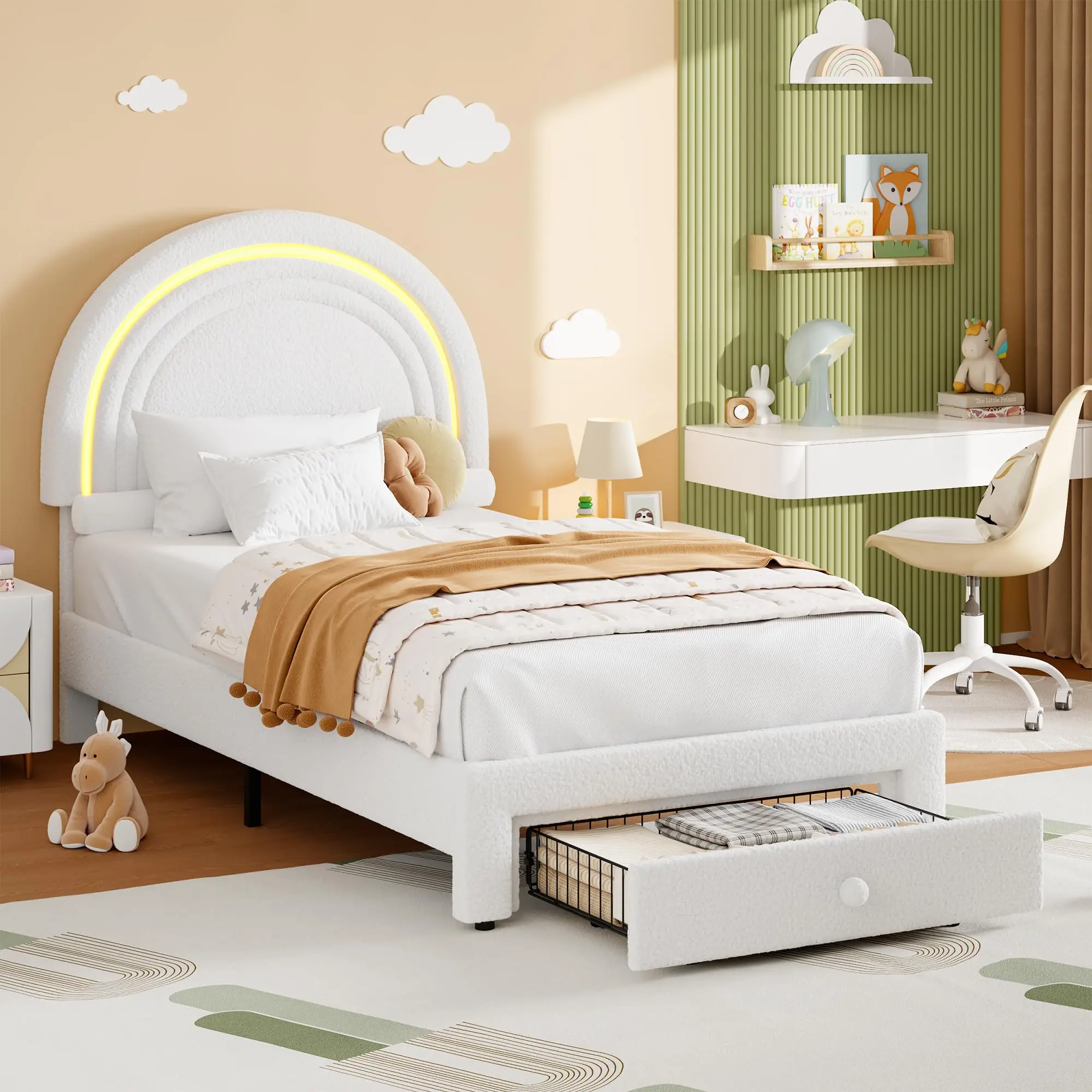 Twin Upholstered LED Bed Frame, Rainbow Headboard, Storage Drawer, Wood Slats, No Box Spring