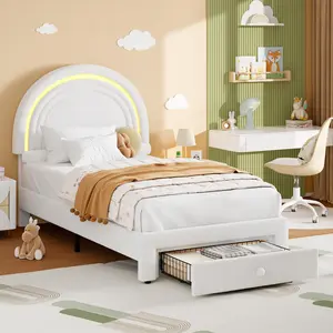 Twin Upholstered LED Bed Frame, Rainbow Headboard, Storage Drawer, Wood Slats, No Box Spring