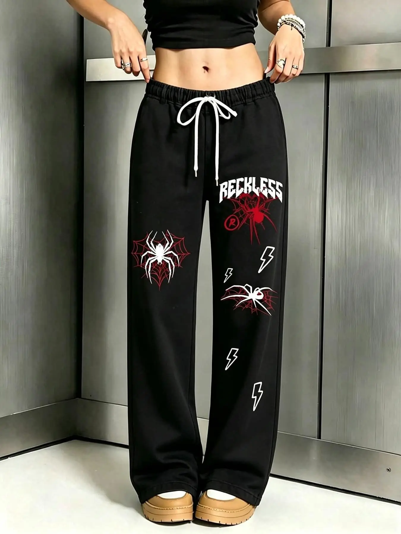 Women's Black Spider Print Wide-Leg Sweatpants Set (1 piece) - Japanese-Style Drawstring Waist Pants, suitable for street style and everyday casual wear.