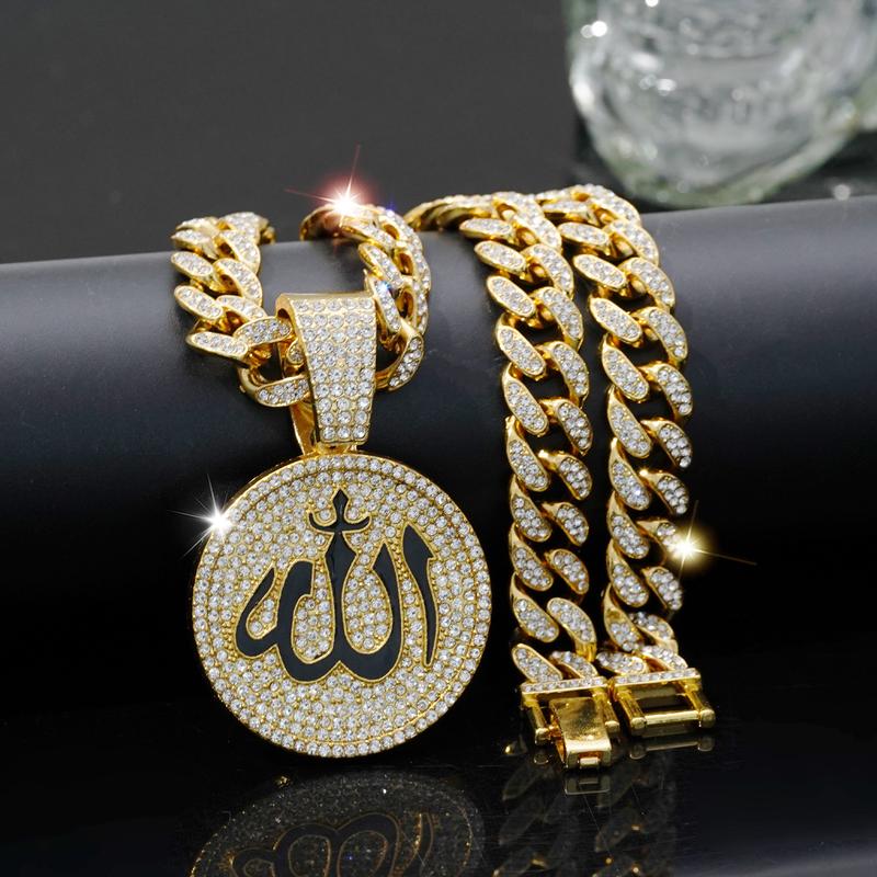 Sparkling Allah Necklace Cuban Chain with Islamic Muslim Arabic Symbol Pendant, Religious Amulet Jewellery for Daily Wear and Gift Giving