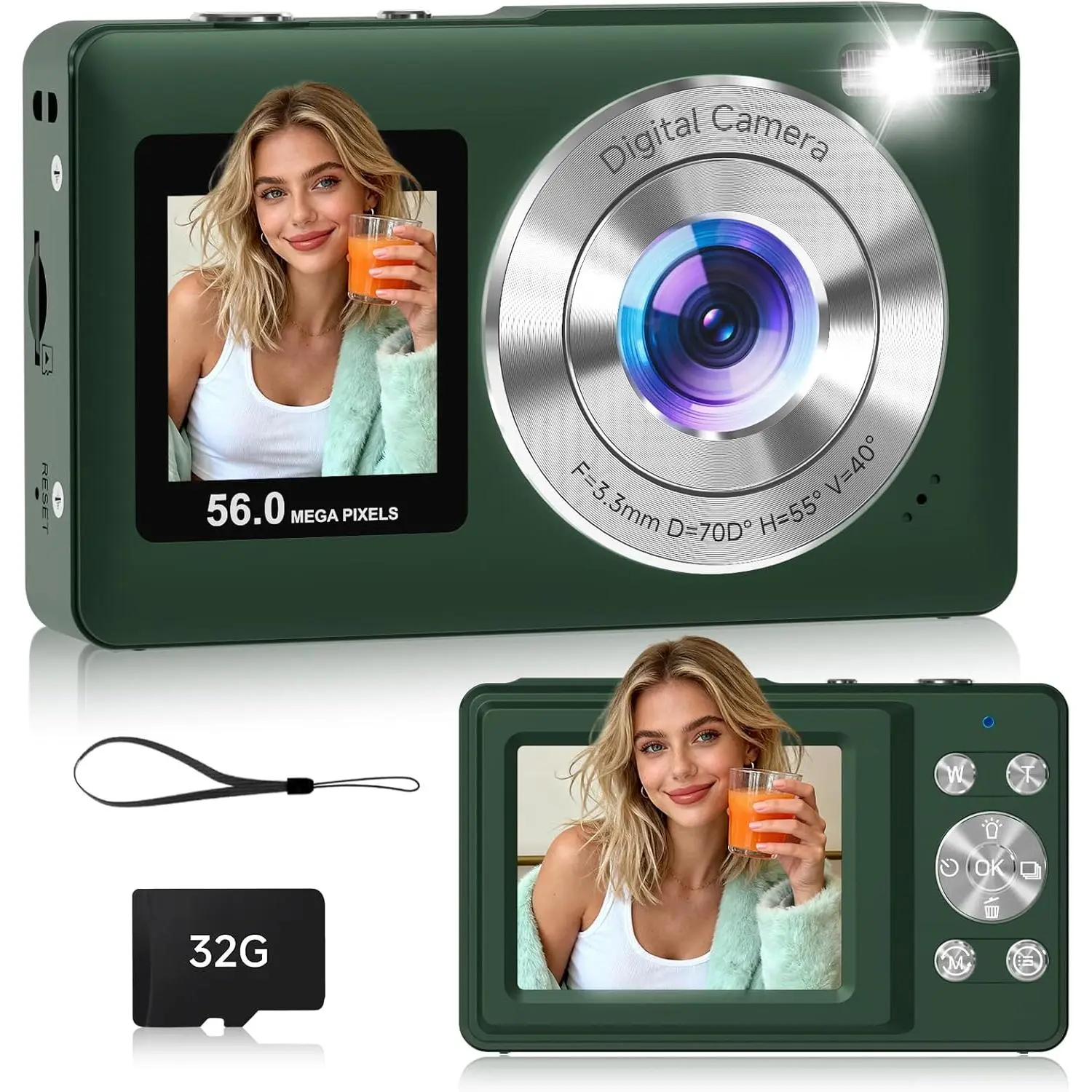 Digital Camera, 56MP  Screen Autofocus Vlogging Camera, 16X Zoom Point and Shoot Camera for Photography, Anti-Shake, 32GB Card, Compact Camera for Teens Adults,Green
