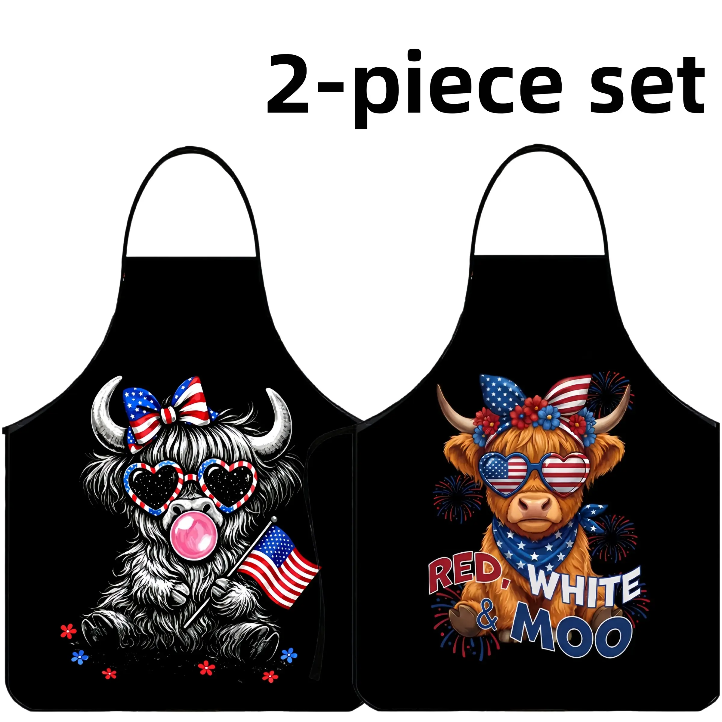 2-Piece Set Cute Highland Cattle Print Aprons,Polyester  Apron,Unisex Cooking Apron, Kitchen Essentials,Christmas Gift ,BBQ Apron,Garden Tool,﻿Cleaning Tool,Apron for Men&Women