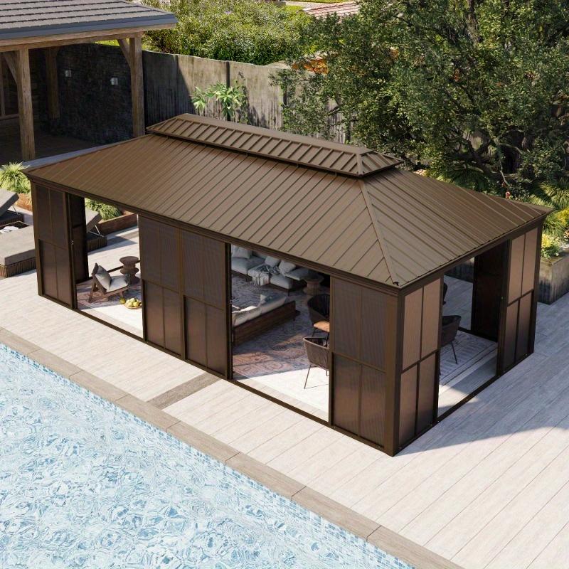 12x10ft-12x24ft Patio Sunroom, All-Season Aluminum Hardtop Gazebo with Sliding Doors & Slideable PE Screen Windows, Solarium with Double Galvanized Steel Roof, 5 Sizes Available