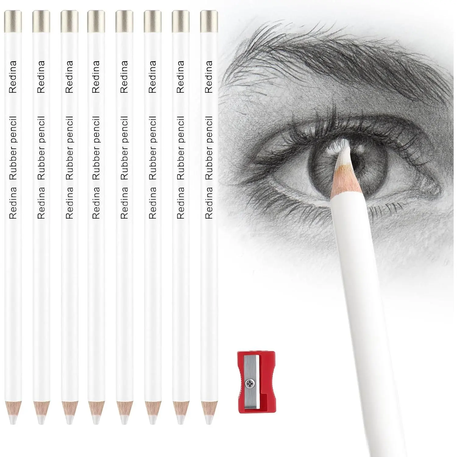 White Eraser Pencils for Artists, 8 Pack with Sharpener,  Barrel | Fine-Point Erasing for Sketching And Charcoal, -Cased Design, Clean Highlights,  School Or Office Use