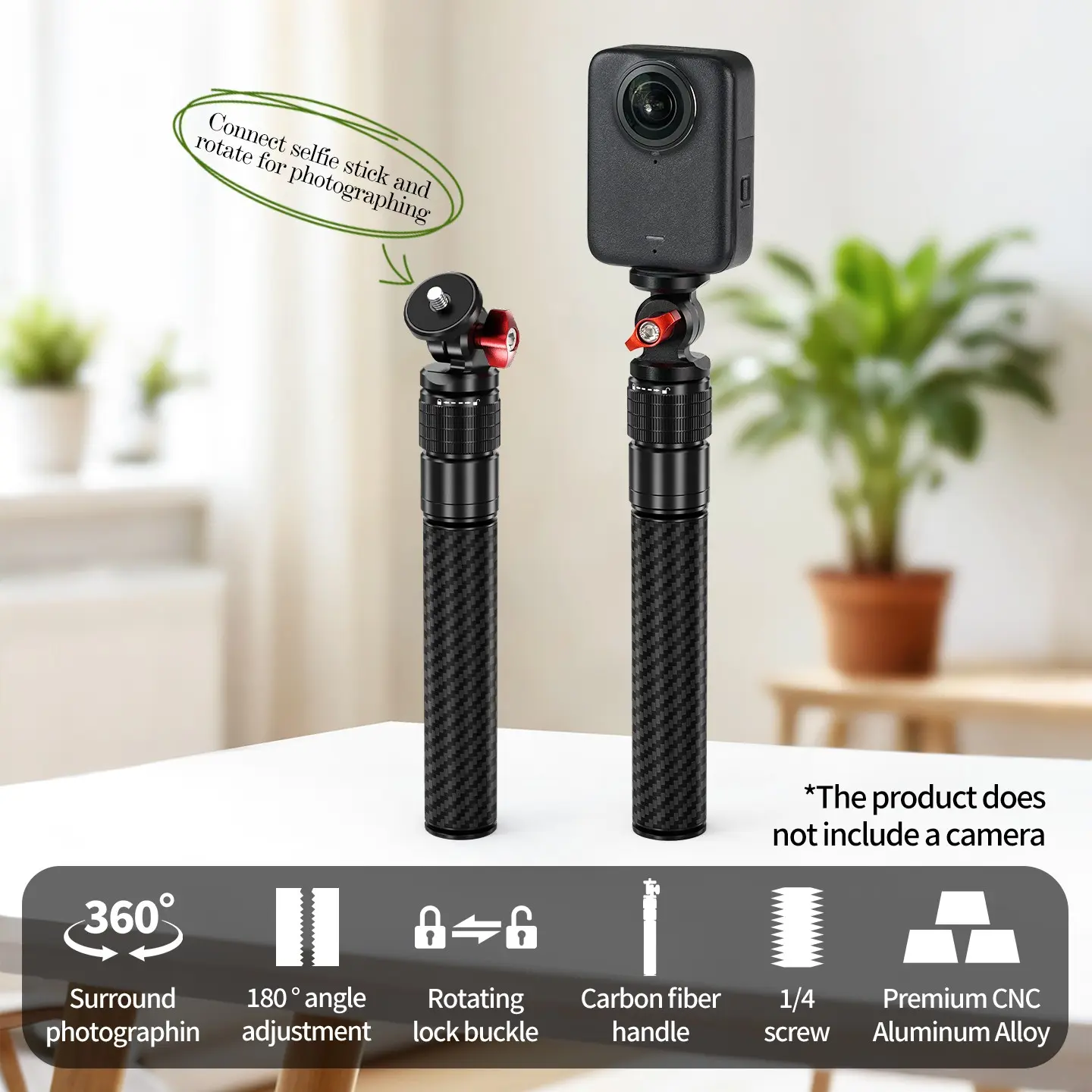 Feichao Aluminum Alloy & Carbon Fiber Rotating Handle, 360° Pan Shooting, 180° Adjustable Grip, Lightweight Vlog Accessories for Insta360 X4 X5, Dji Osmo
