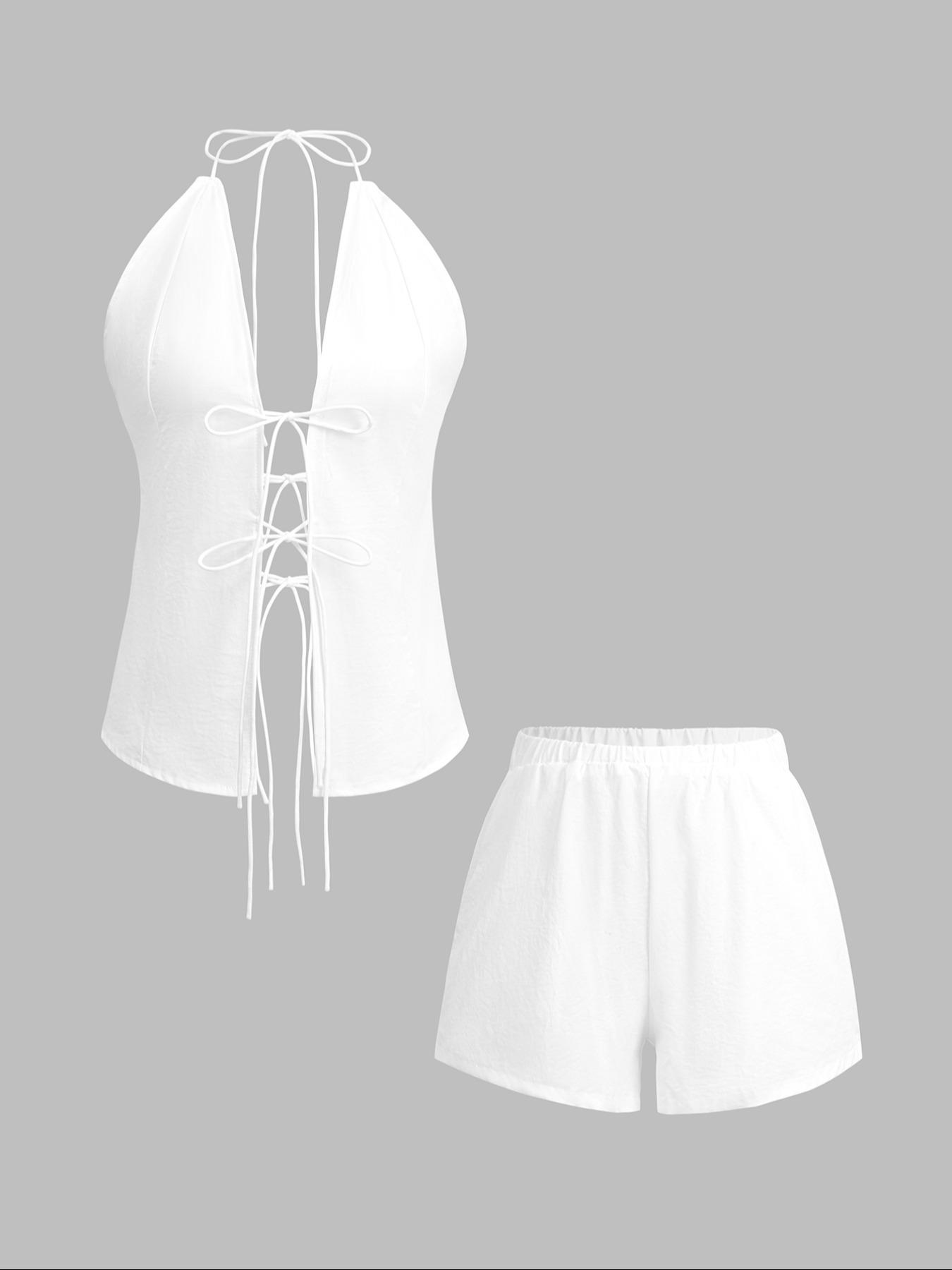 Women's Solid Color Fitted Tie Back Top & Shorts Set, Casual Fashion Chic Two-piece Outfits for Summer, Ladies Clothes for Beach Holiday Vacation, Womenswear