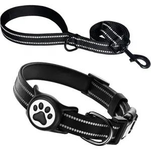 Airtag Dog Collar and Leash Set,Reflective Ultra-Durable Nylon Padded With QR Buckle & IP68 Waterproof Air Tag Holder Compatible for Apple AirTag, Comfortable for Small Medium Large Dogs (Black Set,S)