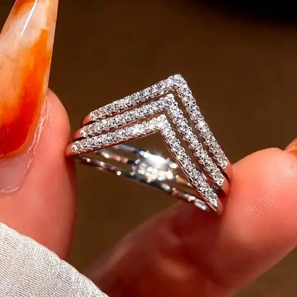 Triple Row Chevron Paved Shiny Crystal Stackable Ring Multi Layer V Shape Band Dainty Minimalist Statement Finger Jewelry Daily Party Wedding Stack Accessory Gift For Women Teen Girls