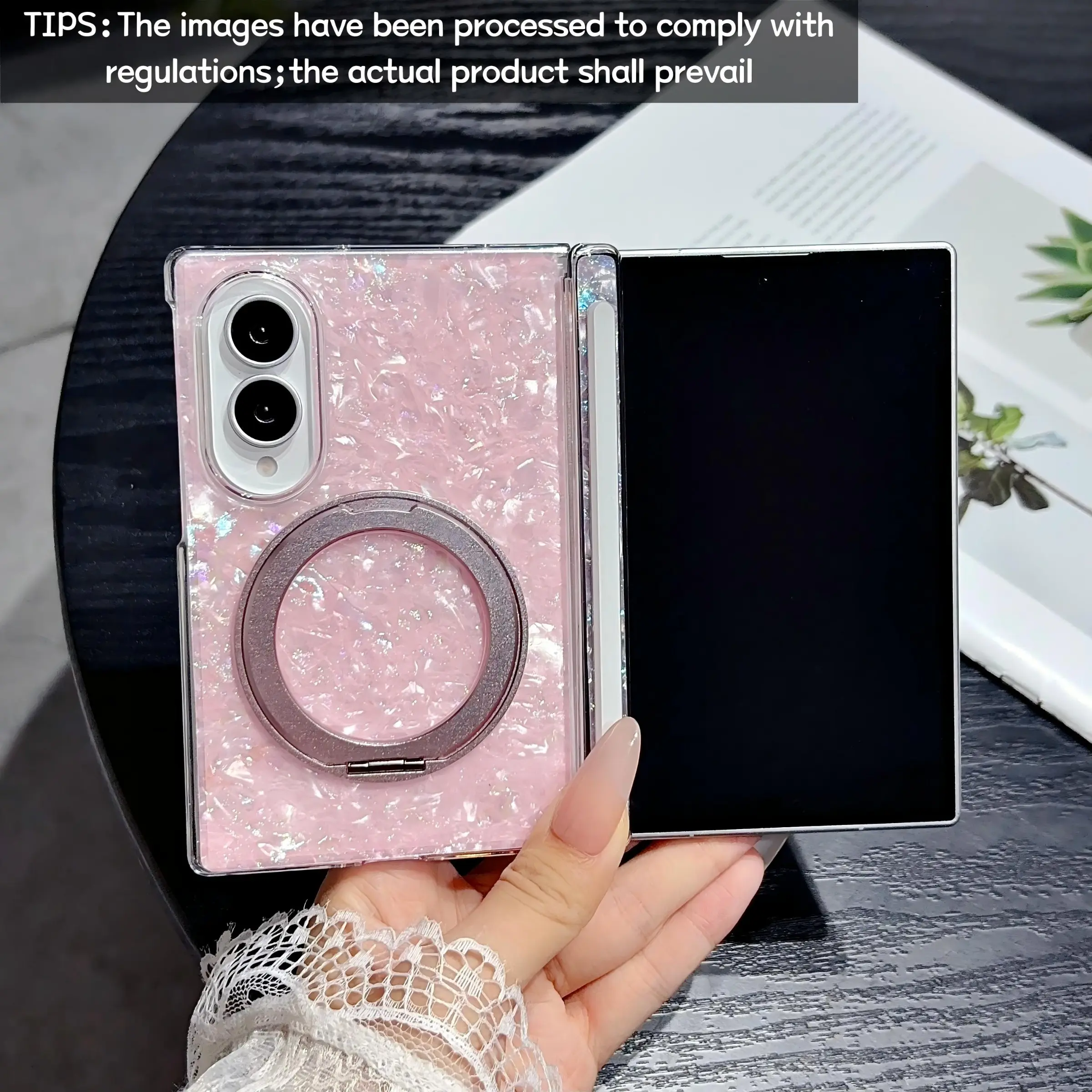 Luminous Shell Pattern & 360° Rotating Stand & Magnetic Center-Axis Phone Case, for Samsung Galaxy Z Fold 8, magnetic attachment for in-car and home wireless charging, stylish protective cover, uniquely designed for daily use, protective outer shell