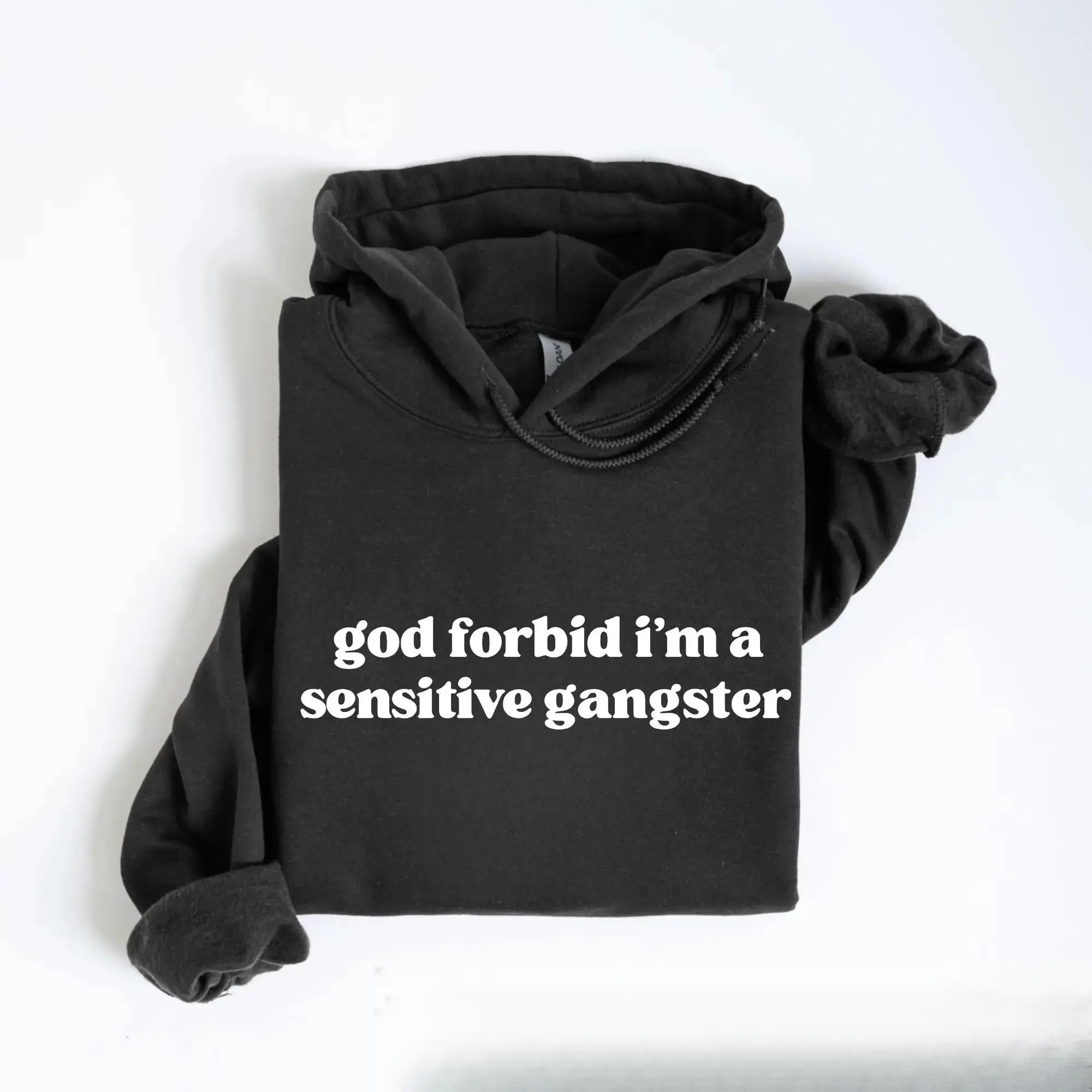 Women's Casual Comfortable Polyester Round Neck Longsleeves Hoodie - "God Forbid I’m a Sensitive Gangster" Funny Quote Pullover, Aesthetic Streetwear, Party Top, Gift for Sarcasm Fans, Waffle Knit
