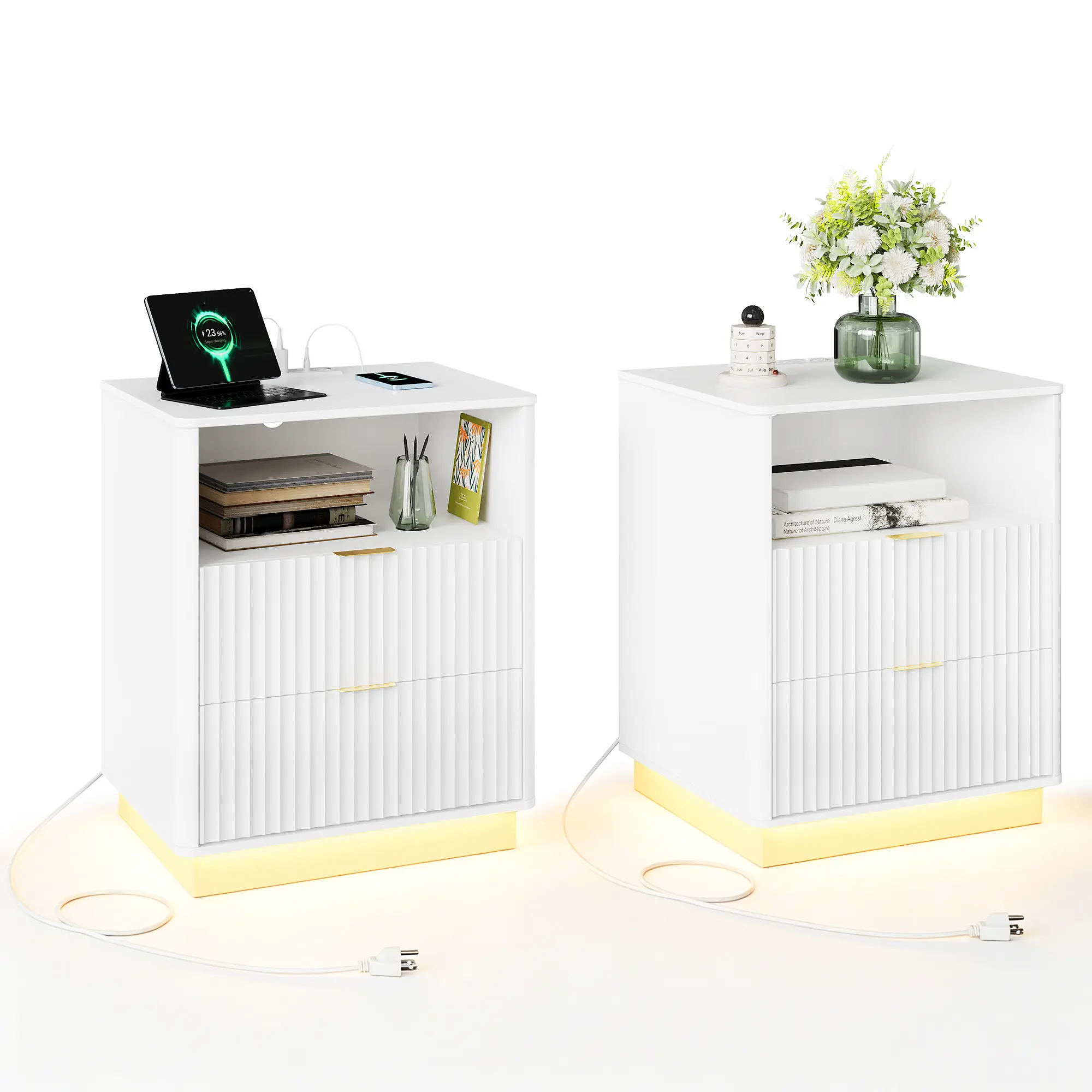 2PC Modern Fluted Bedside Tables - 2-Drawer Wooden Bedside Tables with LED Light & Charging Station (USB & Type-C)