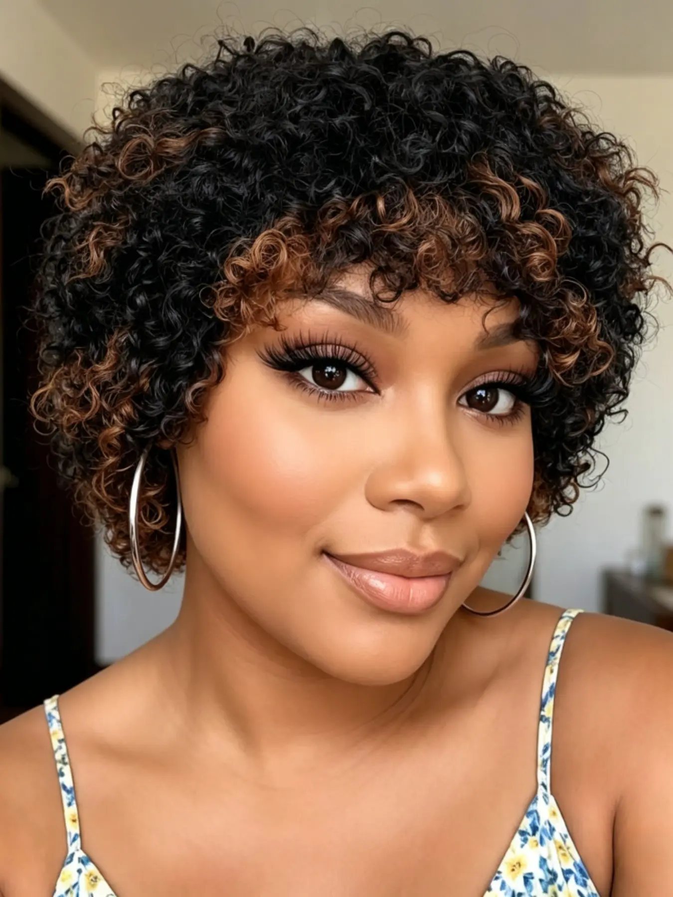 10inch Human Hair Short Kinky Curly Wig with Fringe, Bangs Human Hair Wig, Fluffy Tiny Curls, Full Machine Made Hair Wigs for Women, Stylish and Comfortable